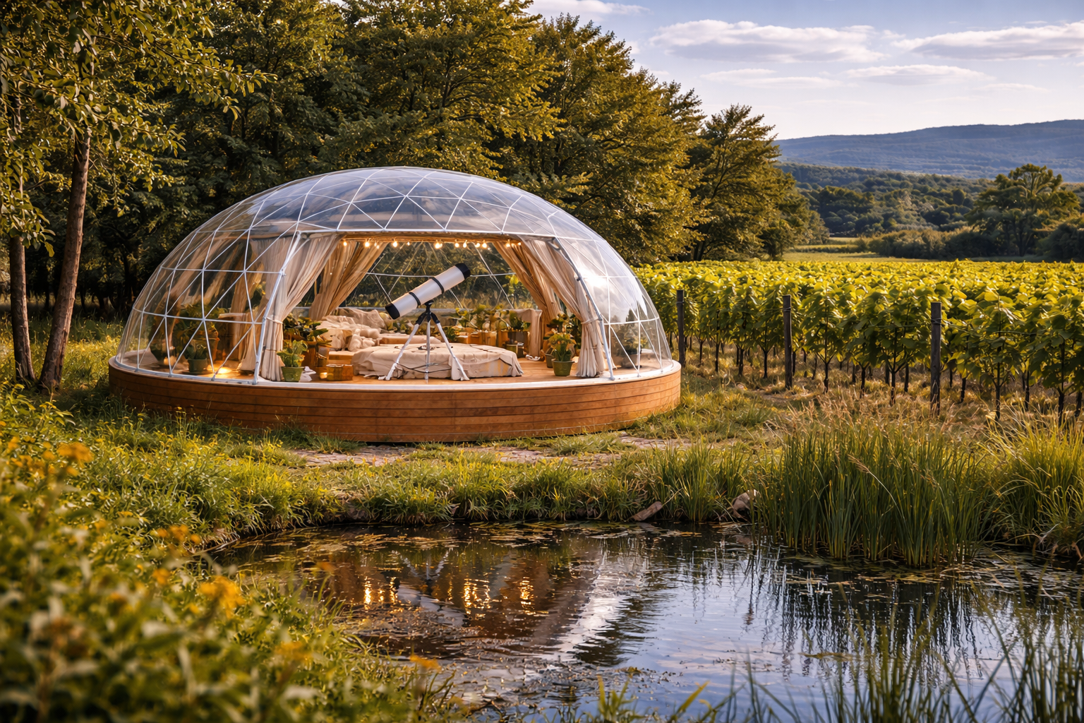 Geodesic dome by the pond during golden hour