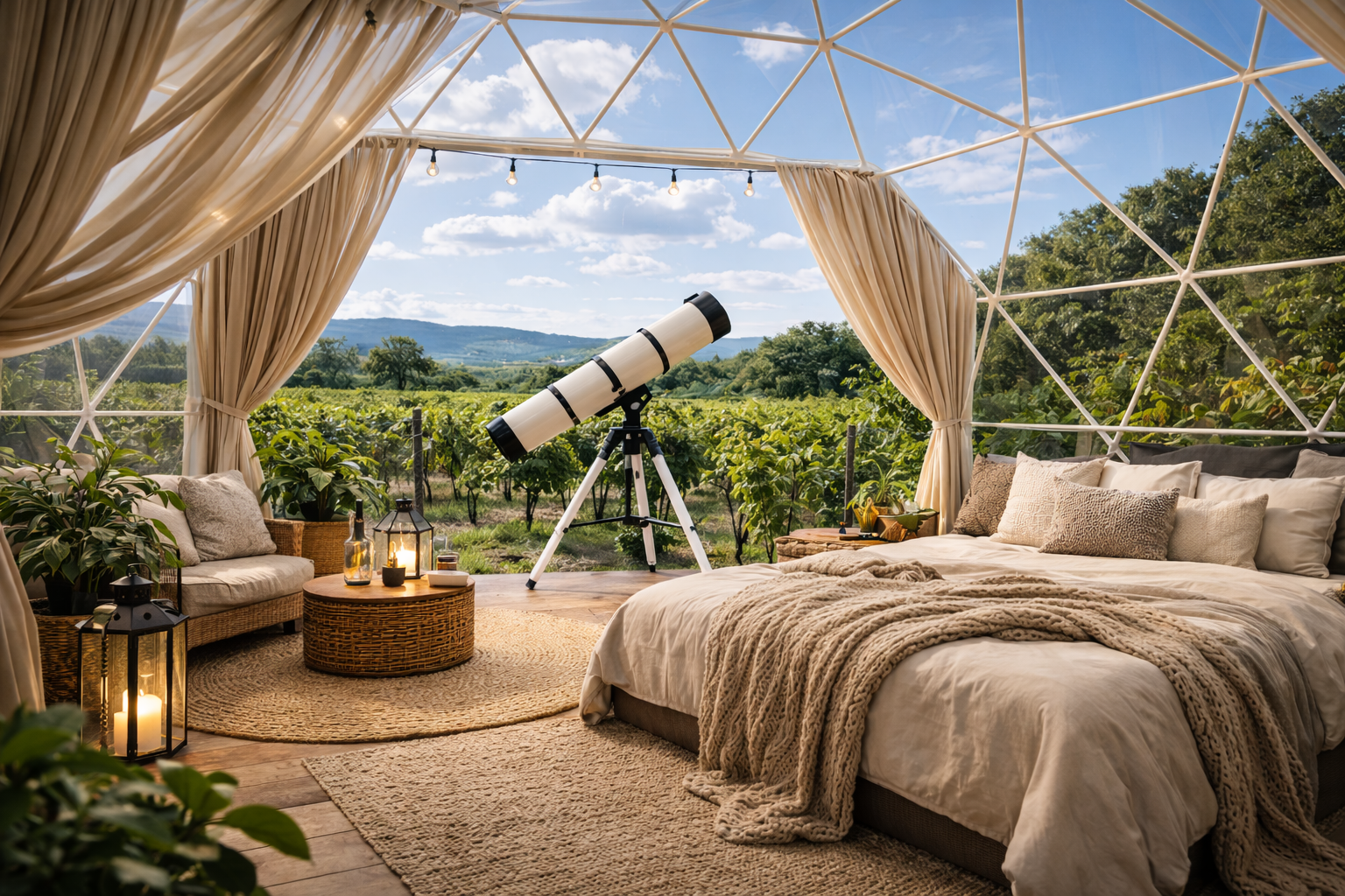 Dome interior with daylight and vineyard views