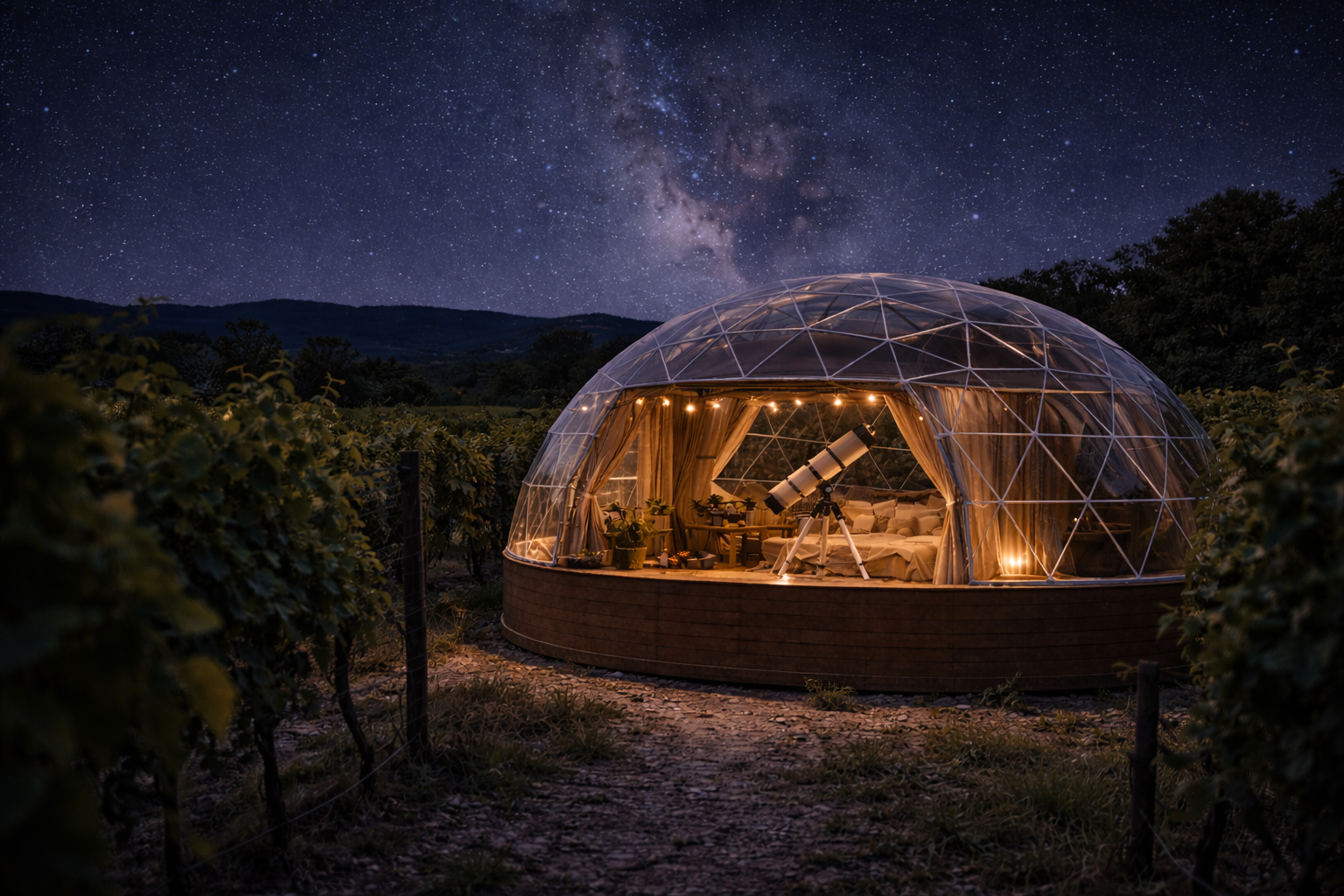Geodesic dome exterior with telescope under starry sky
