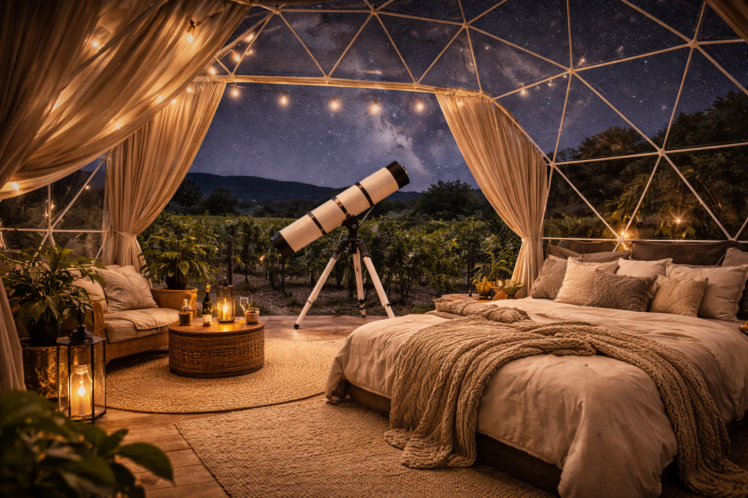 Dome interior with telescope and comfortable bed