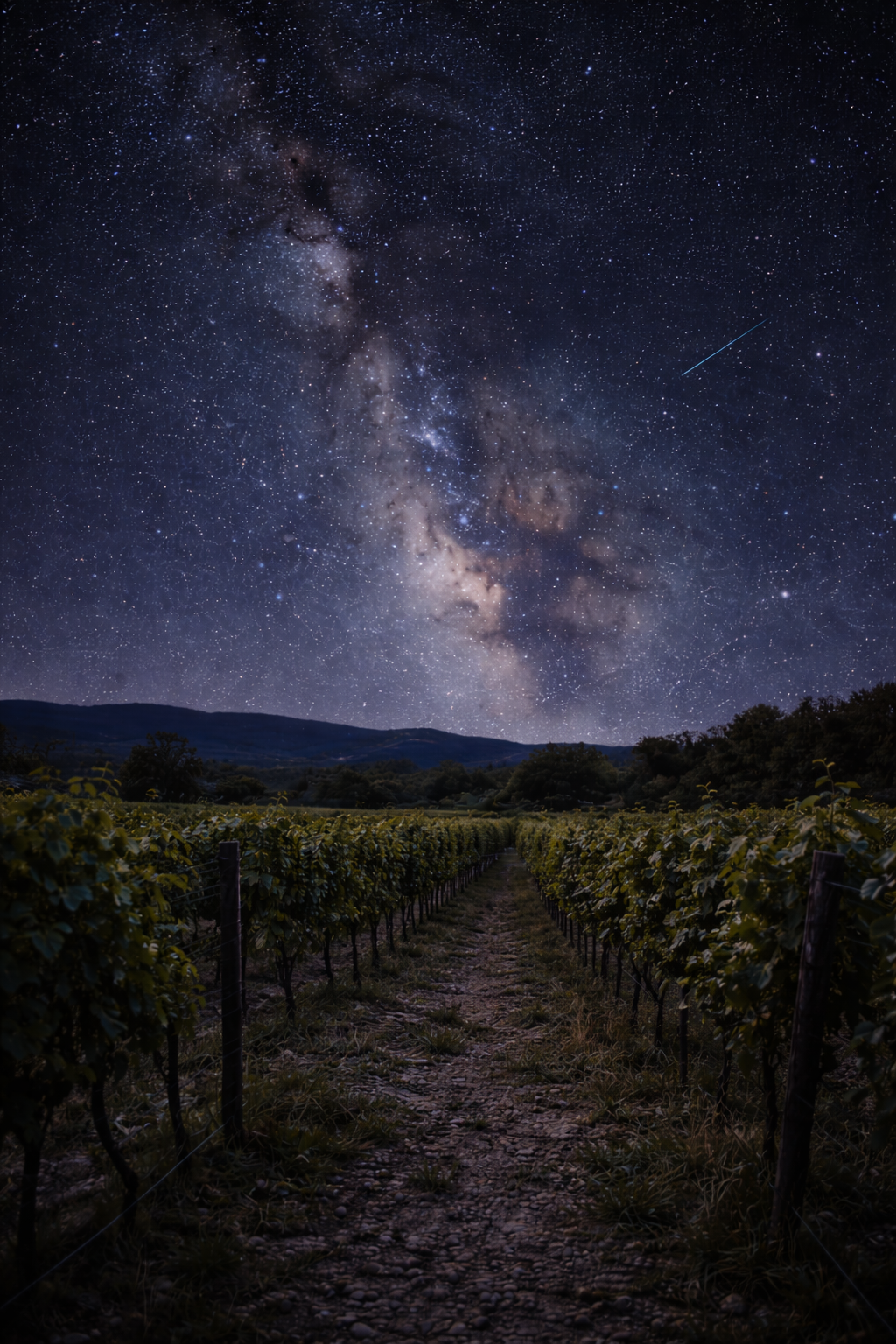 Milky Way over vineyard under clear dark skies